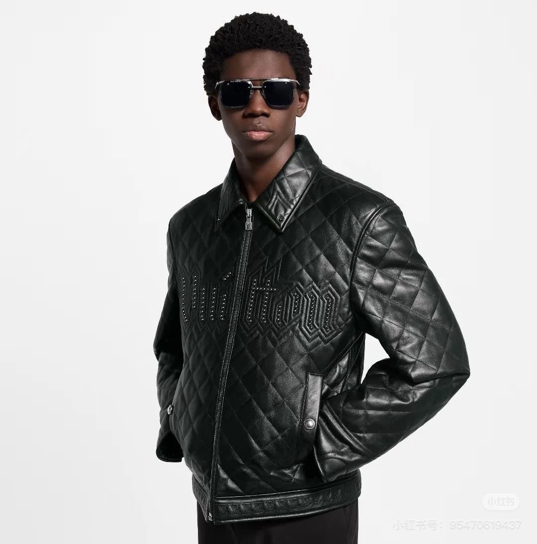 25fw Men's Jacket. Nappa Leather. Motorcycle Style. LV Beaded Logo Leather Jacket #83120A