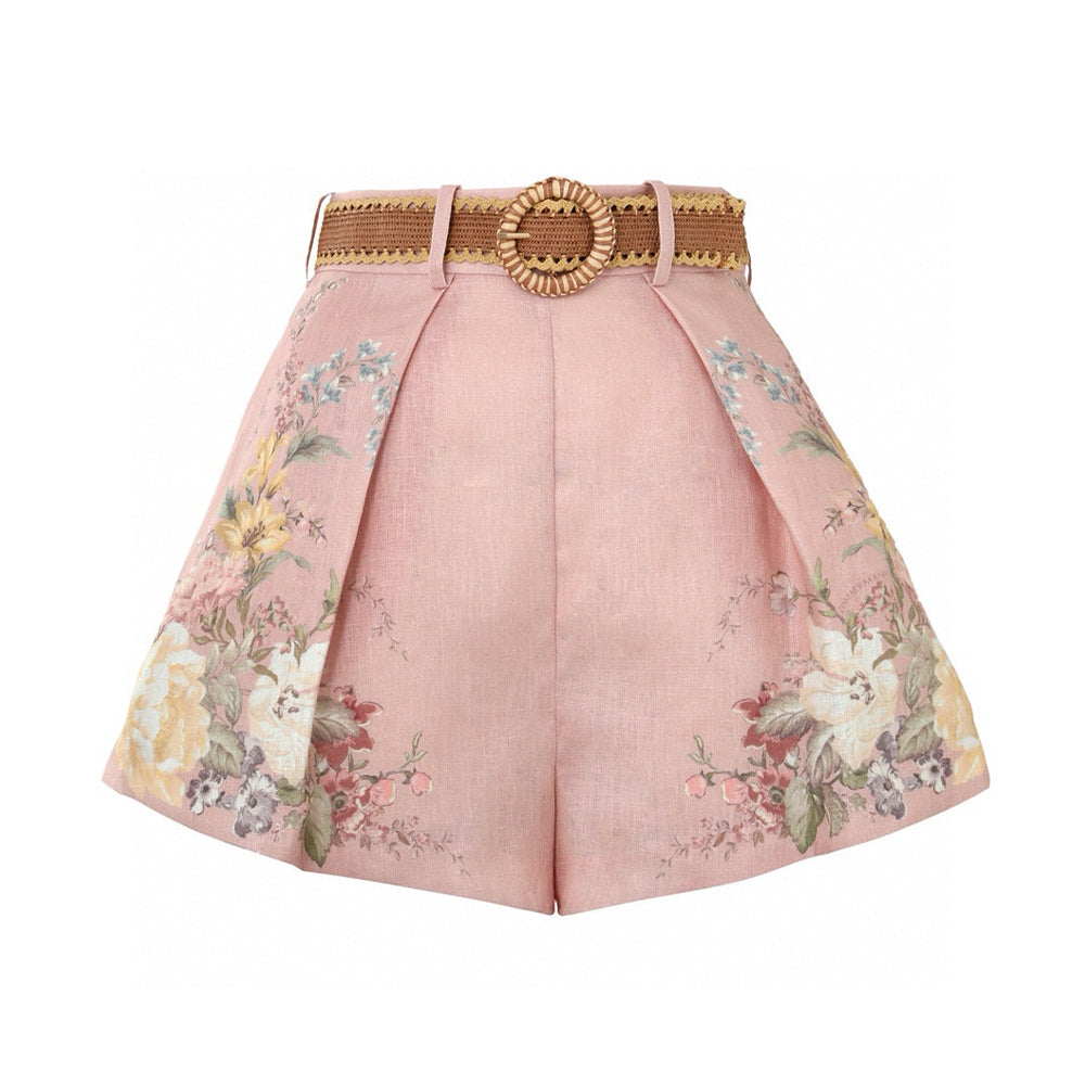 Women's Spring/Summer Waverly Floral Print Suit Set High Collar Bubble Sleeve Ramie Shirt High Waist Casual Solid Color Linen Shorts #71453