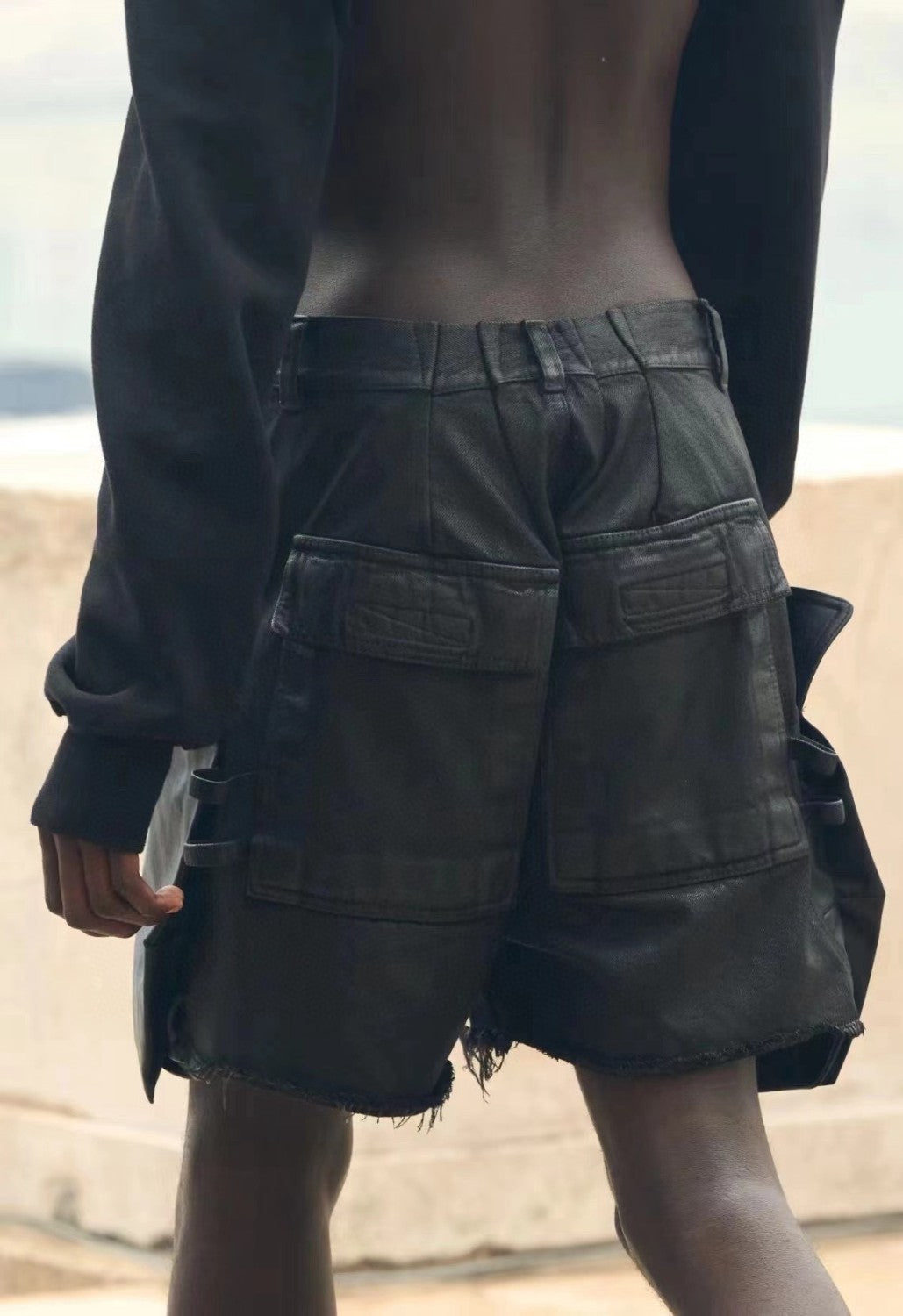 Men's Summer Mid Waist Zipper Loose Straight Waxed Casual Black Multi-Pocket Shorts Ngvp #8661