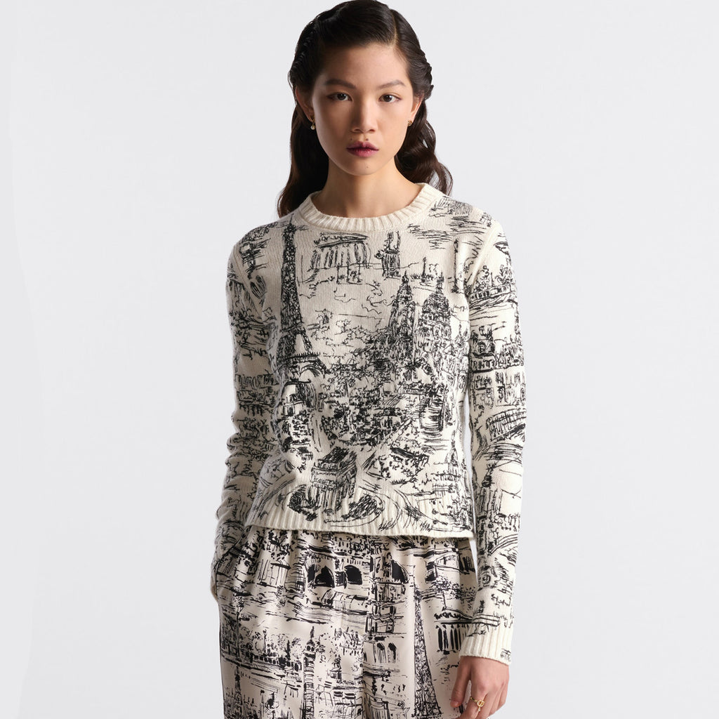 Women's Spring And Autumn Paris Lines Hand-painted Style Embroidered Wool Knit Crew Neck Sweater Ngvp #8733