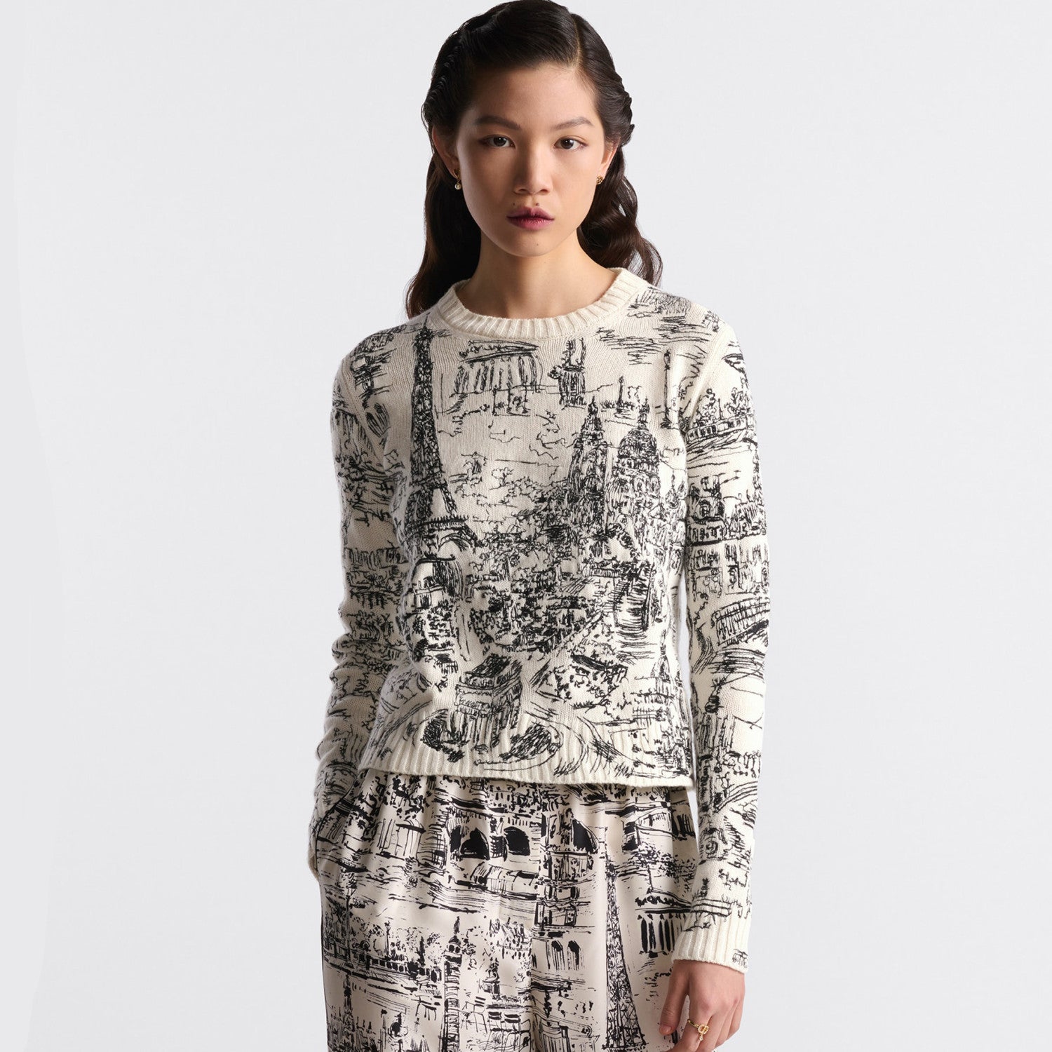 Women's Spring And Autumn Paris Lines Hand-painted Style Embroidered Wool Knit Crew Neck Sweater Ngvp #8733