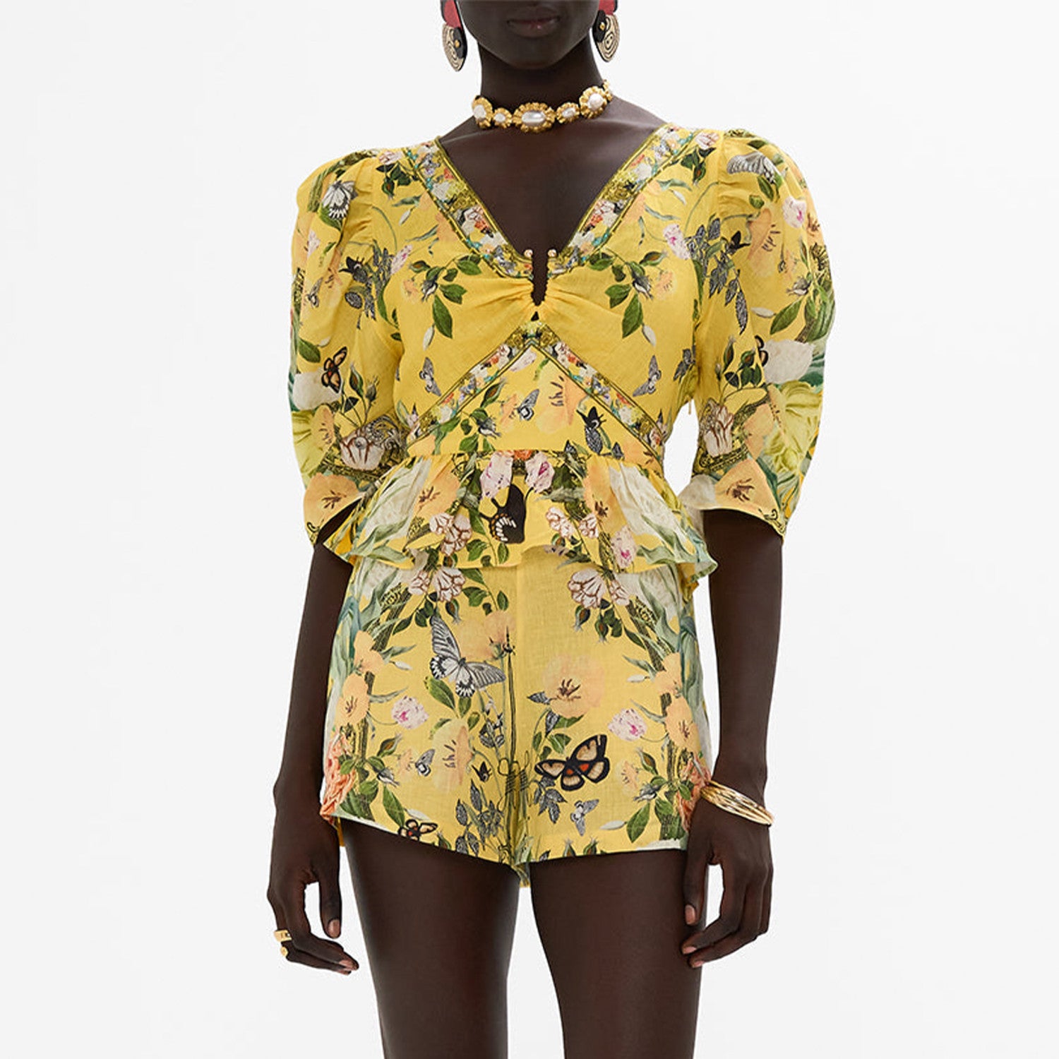 Camilla Women's Summer Printed V-neck Rhinestone Decoration Linen T-Shirt Top Loose Long Sleeve Casual Shorts Suit Set Ngvp #8875