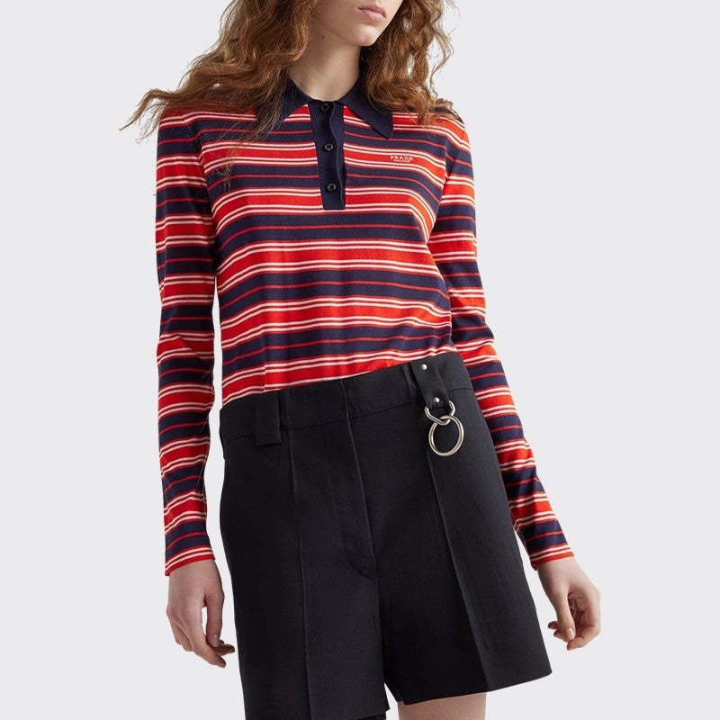 Women's Spring/Summer Striped Polo-neck Letter-print Long-sleeve T-shirt #75685
