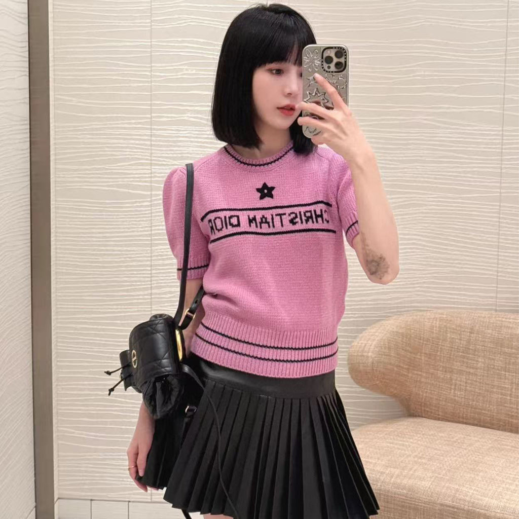 Women's Wool Blend Knit Short Sleeve Top Round Neck Fashion Temperament Short T-Shirt Knitwear #81137