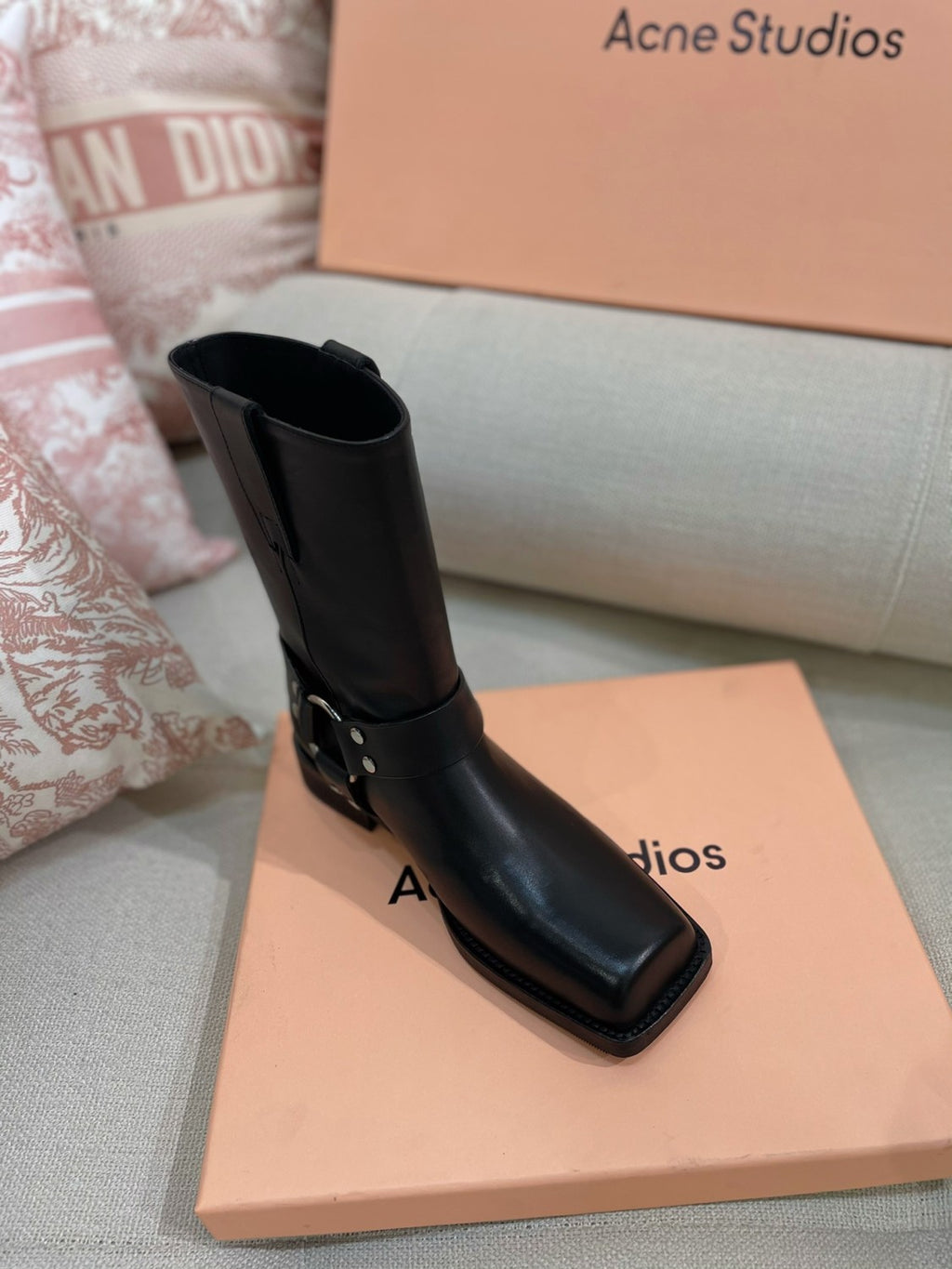 Acne Studios Women's Fashion Overlay Leather Buckle Boots Solid Color Casual Round Toe Boots Ngvp #9275