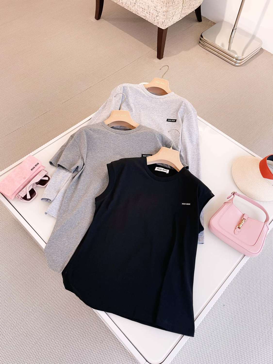 Women's Summer Clashing Color Embroidery Letter Logo Round Neck 3 Piece Layered T-Shirt Set  #74498