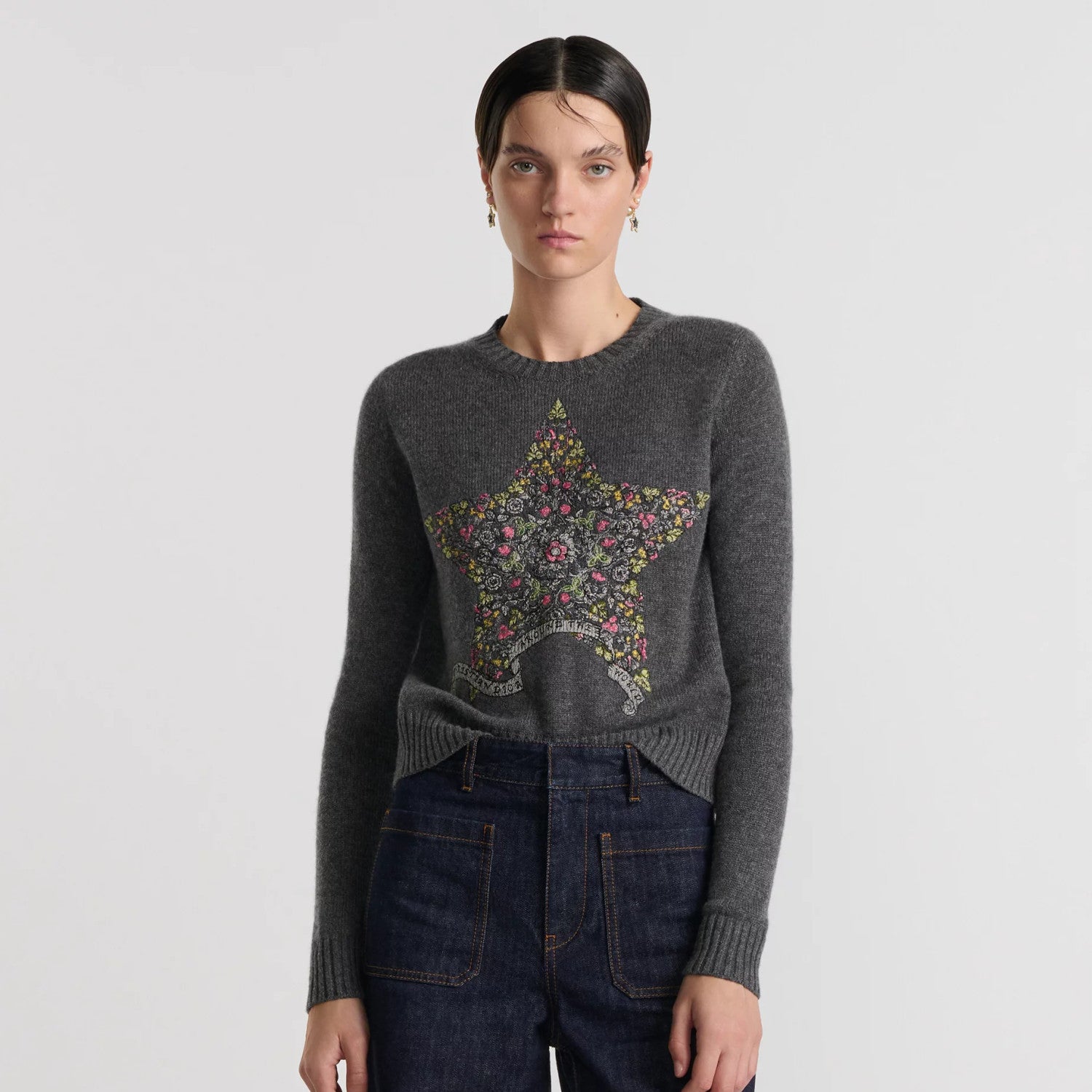Women's Spring and Autumn Star Embroidery Pattern Cashmere Knit Crew Neck Sweater #74584