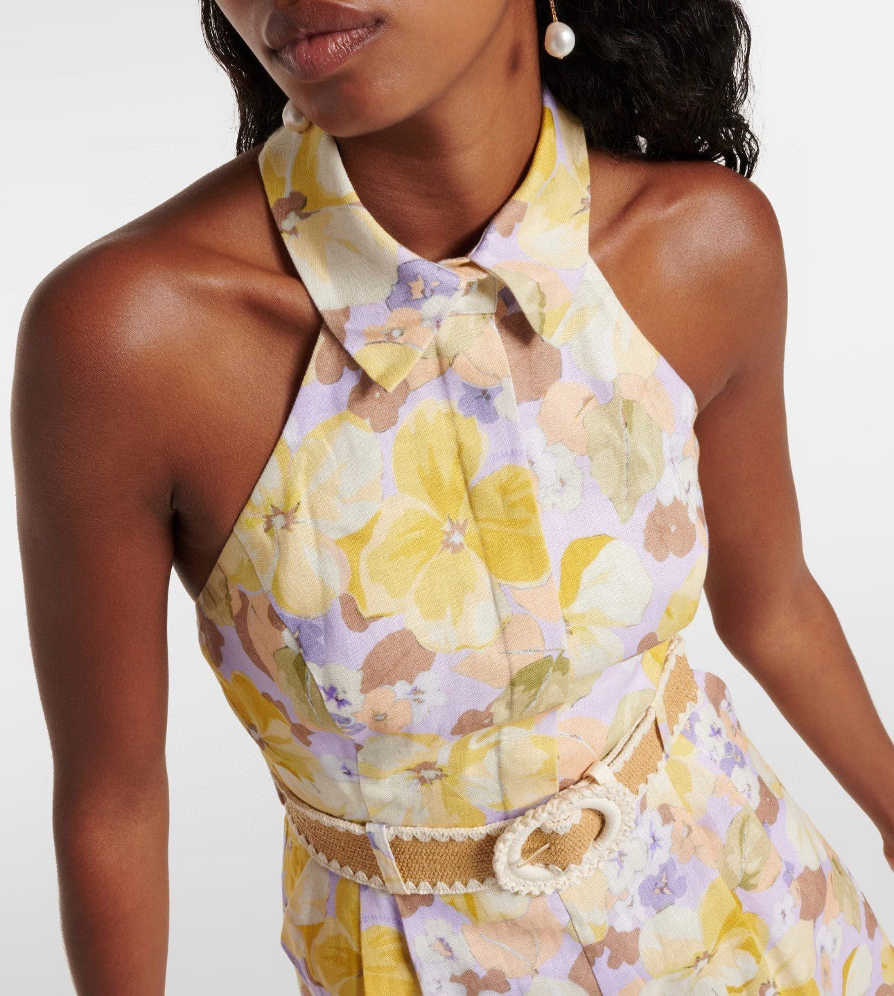 Women's Summer Floral Pattern Printed Cinched Waist Collarless Backless Single Button Sleeveless Jumpsuit #77664