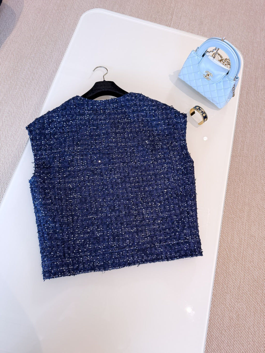 Women's Spring And Summer Sequins Tweed Single-Breasted Solid Color Round Neck Sleeveless Vest Ngvp #1933