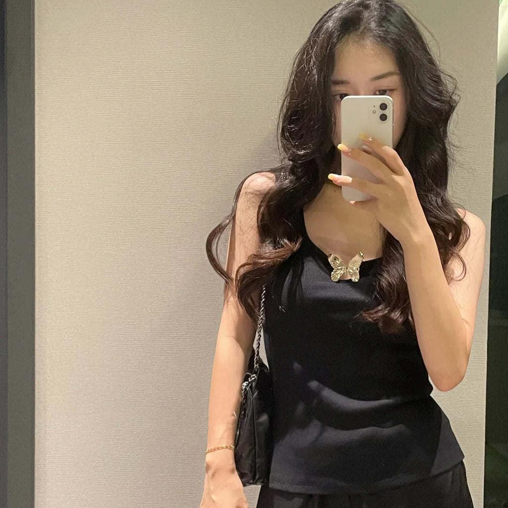 Blumarine Women's Spring And Summer Delicate Butterfly Metal Jewelry Vest Stretch Black Undershirt Fashion Casual Knit Sleeveless Tops Ngvp #8912