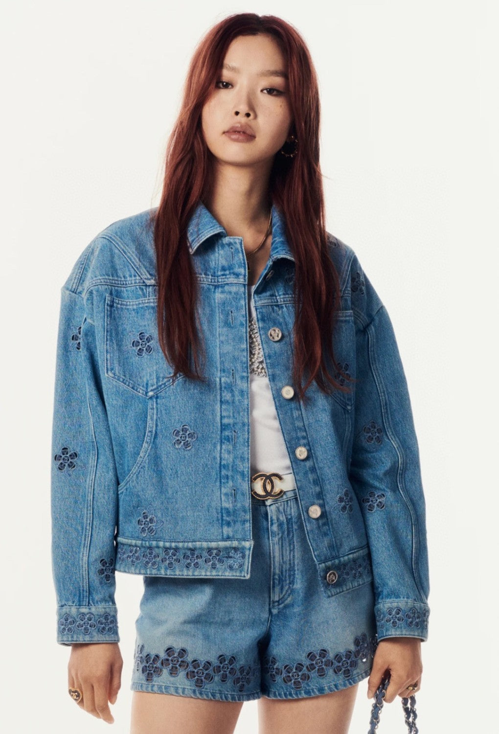 Women's Spring And Fall Blue Hollow Camellia Embroidery Printing Single breasted Long sleeved Denim Jacket Denim Shorts Suit Set #72615