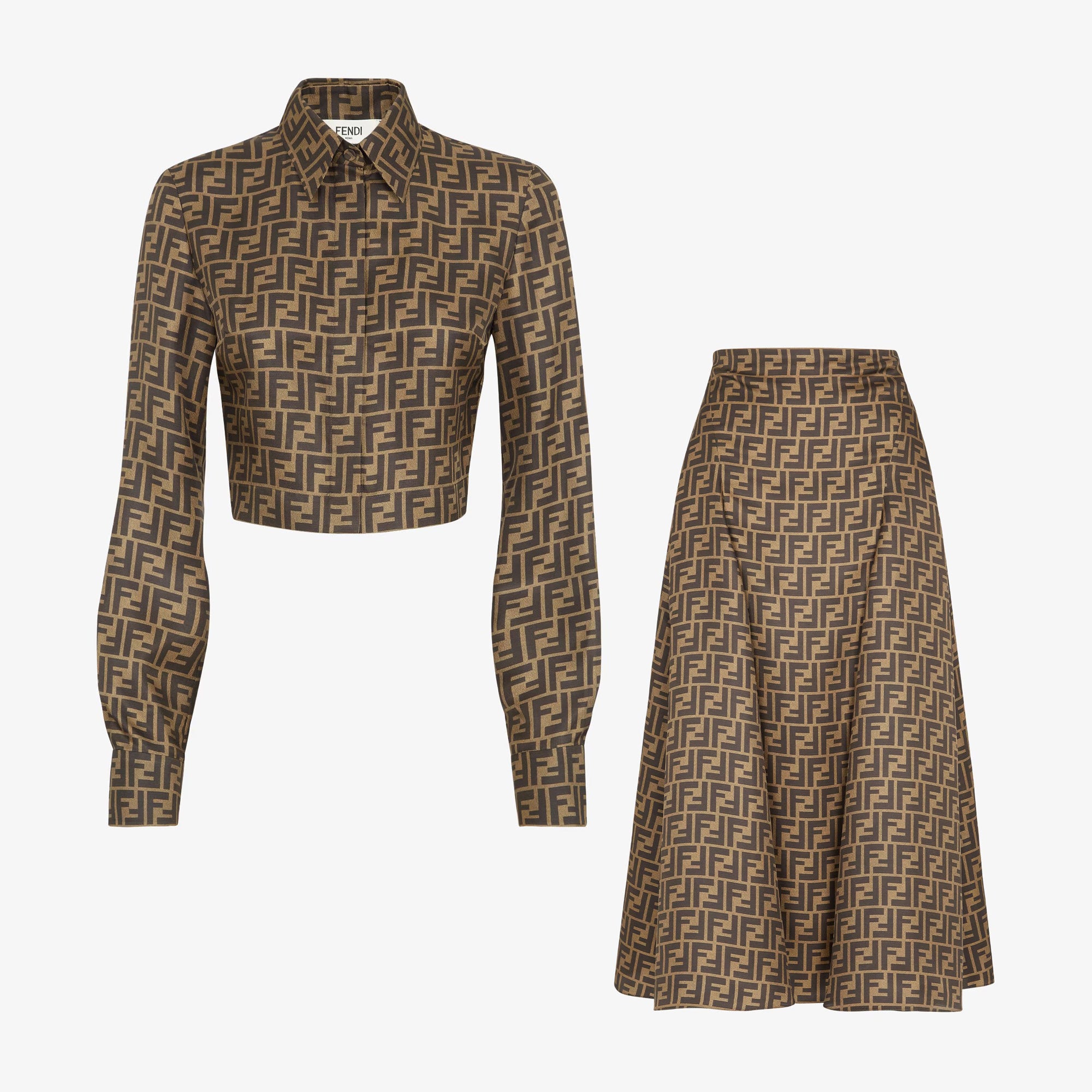 Women's Summer FF Letter Printed Lapel Single Breasted Long Sleeve Shirt Silhouette Half Skirt Set Suit #73823