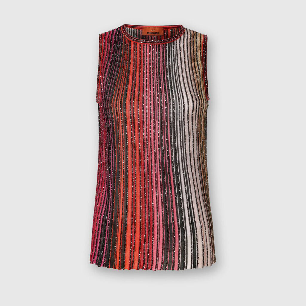 Missoni Women's Spring And Summer Fashion Elegant Colorful Striped Golden Silk Knit Clashing Sleeveless Vest T-shirt Casual Pants Set Suit Ngvp #1758