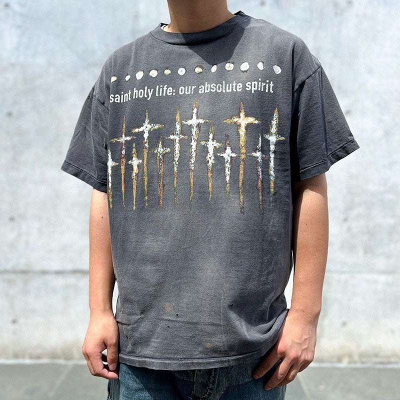 Saint Michael Men's Spring And Summer Solid Color Printing Letters Old Vintage T-shirt Casual Fashion Short Sleeve Ngvp #7835