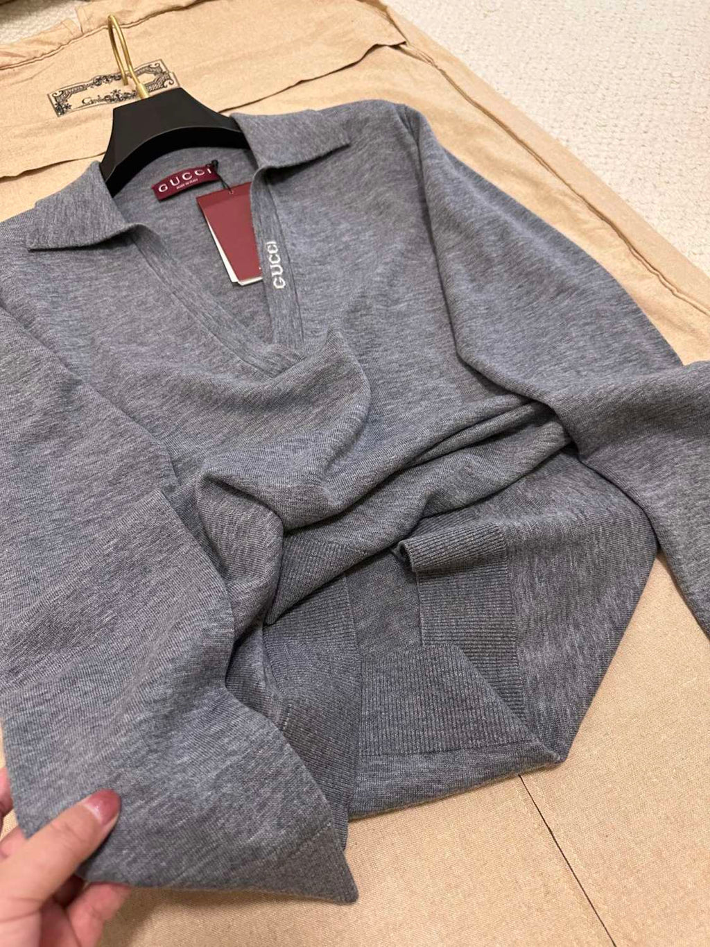 Women's Spring and Autumn Gray Letter V-Neck Loose Wool Long Sleeve Sweater #72845