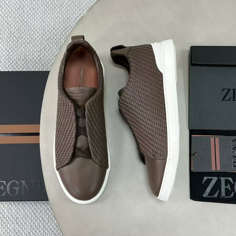 Ermenegildo Zegna Stitch Men's Solid Color Round Toe Slip-On Woven Leather Casual Skate Shoes #77926