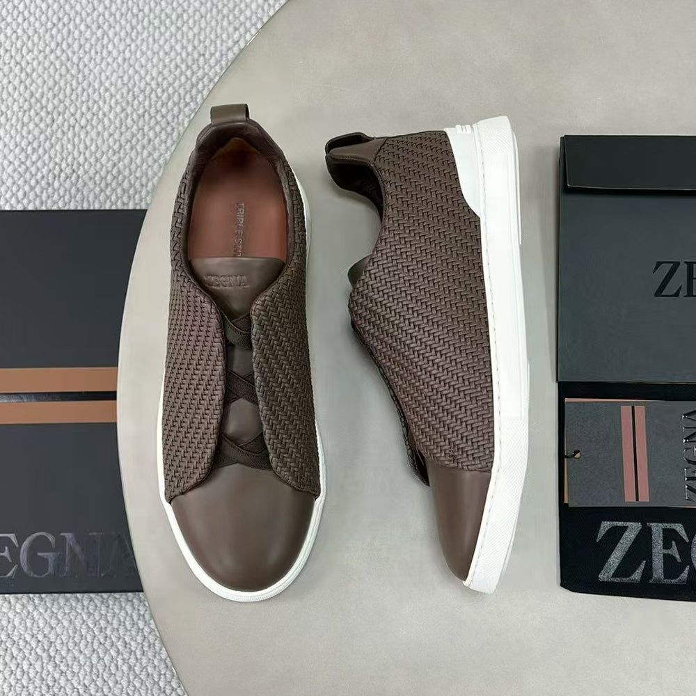Ermenegildo Zegna Stitch Men's Solid Color Round Toe Slip-On Woven Leather Casual Skate Shoes #77926