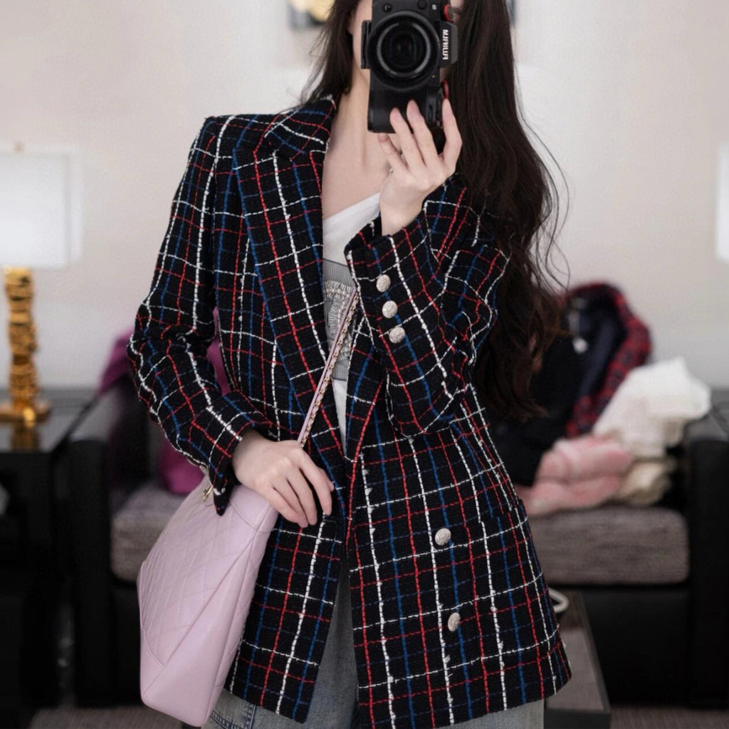 Women's Spring And Autumn Plaid Cotton Tweed Lapel Casual Fashion Long Sleeve Slim Tweed Jacket Ngvp #9127