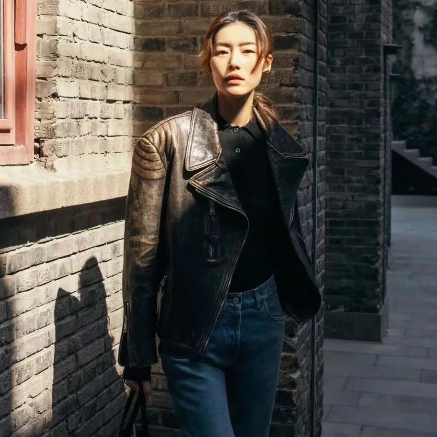 Women's Autumn And Winter Fashion Retro Vintage Lapel Zipper Leather Jacket Motorcycle Style Pilot Jacket Ngvp #9119