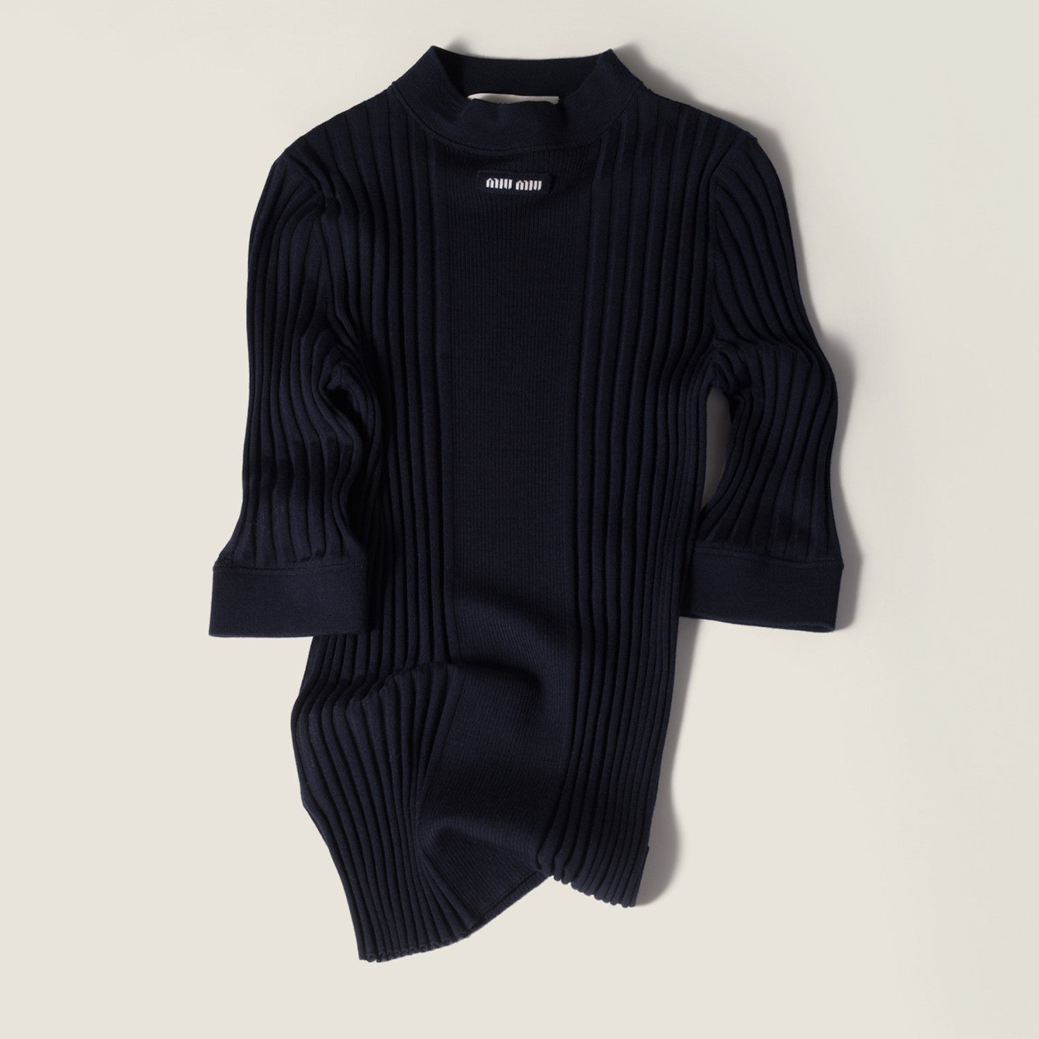 Women's Spring/Summer Ribbed Knit Wool Sweater Black Half-High Neck Short-Sleeve Slim-Fit Knit T-Shirt #194407