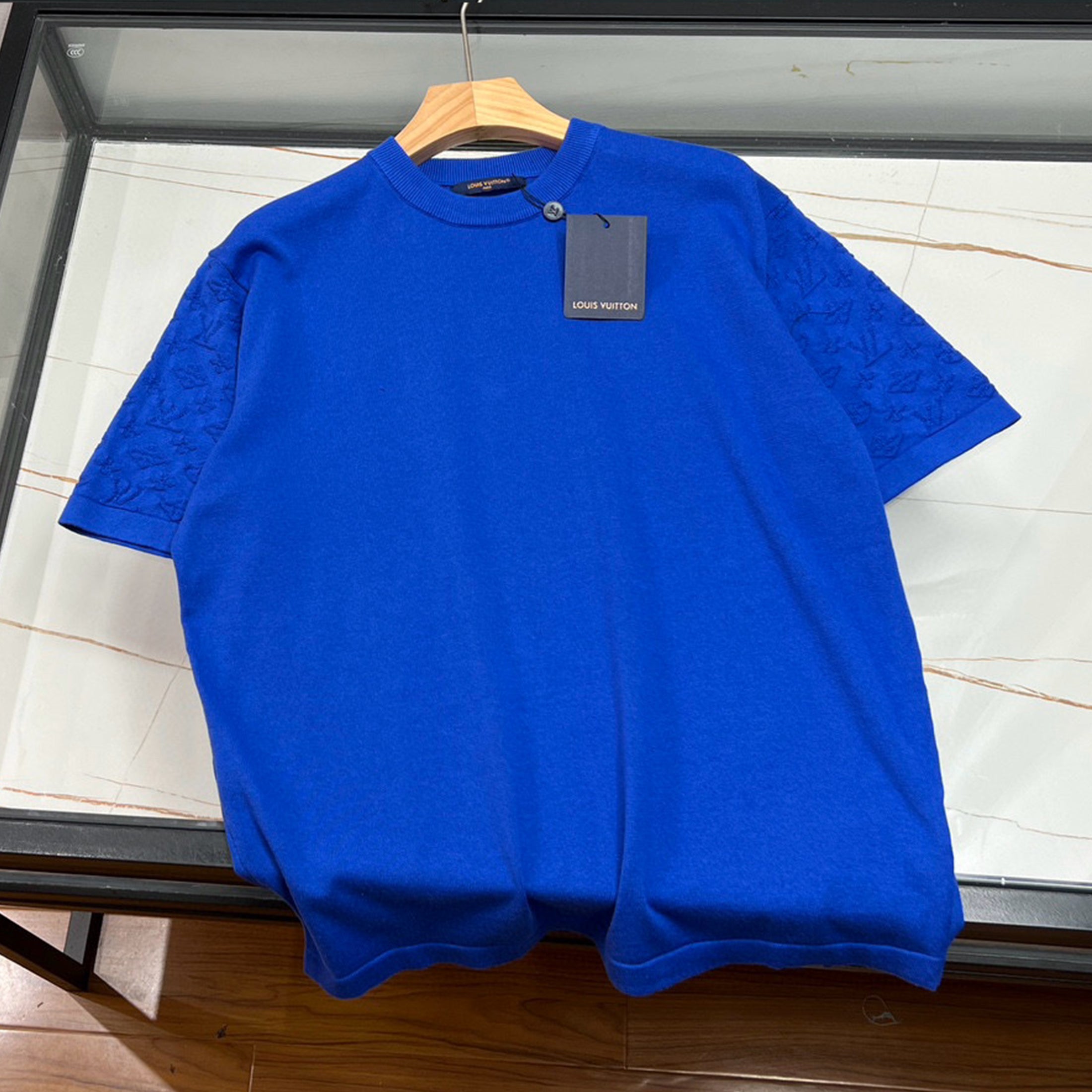 Men's Spring And Summer Jacquard Knit Round Neck Short Sleeve Solid Color Senior Casual Loose Cotton T-shirt #98721