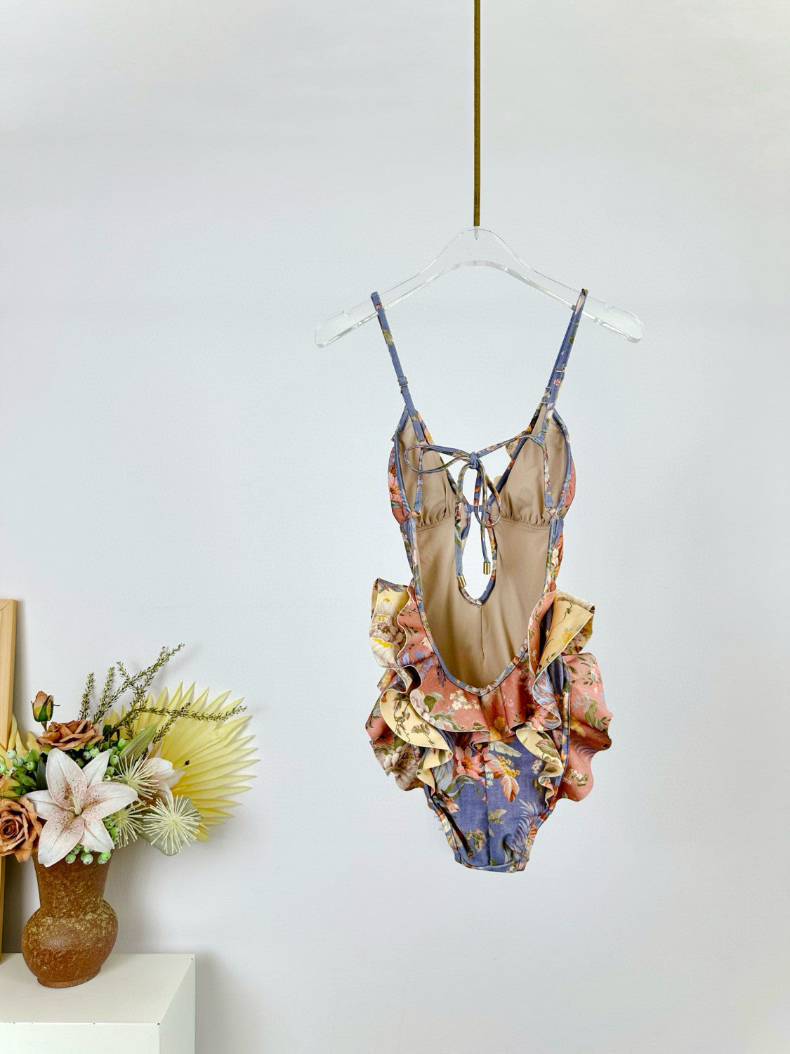 Women's Patchwork Chartreuse Ruffle Halter One-piece Swimsuit #75153