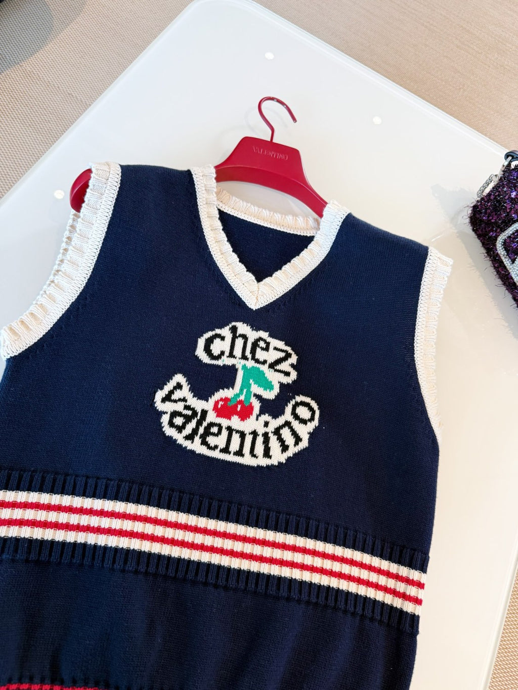 Women's Summer V-Neck College Style Cherry Embroidery Cotton Knit Sleeveless Solid Color Straight Tank Top Vest Ngvp #1959