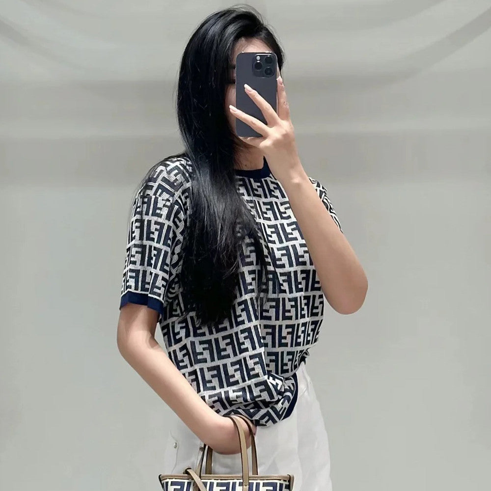 Women's Summer Blue Letter Printed Cotton Short Sleeve T-Shirt #73432