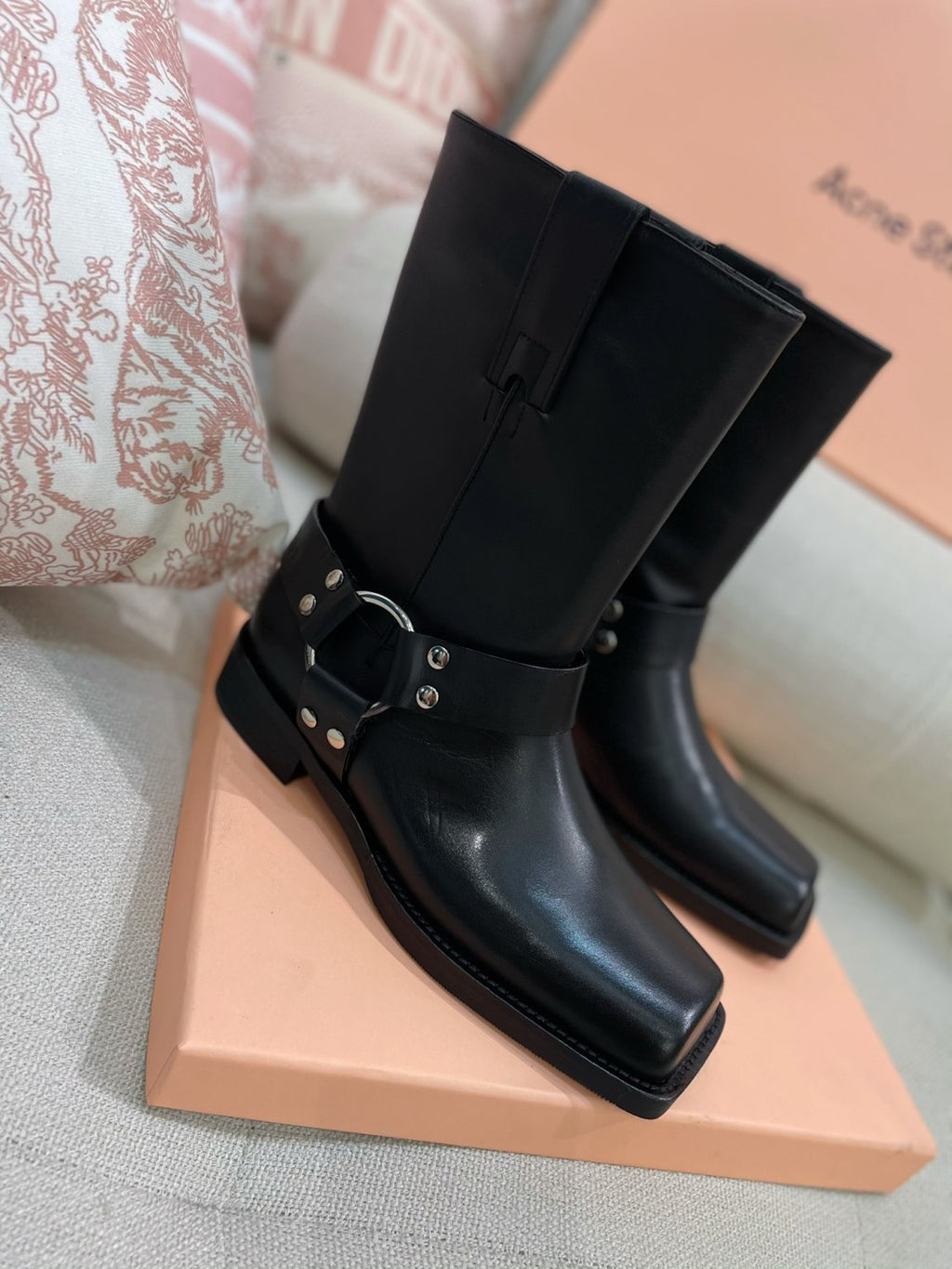 Acne Studios Women's Fashion Overlay Leather Buckle Boots Solid Color Casual Round Toe Boots Ngvp #9275
