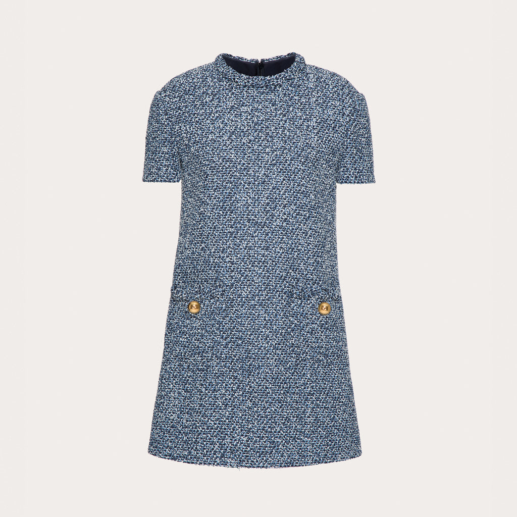 Women's Spring And Summer Fashion Tweed Round Neck Dress Buttons Fit Casual Elegant Short-sleeved Dresses Ngvp #8938