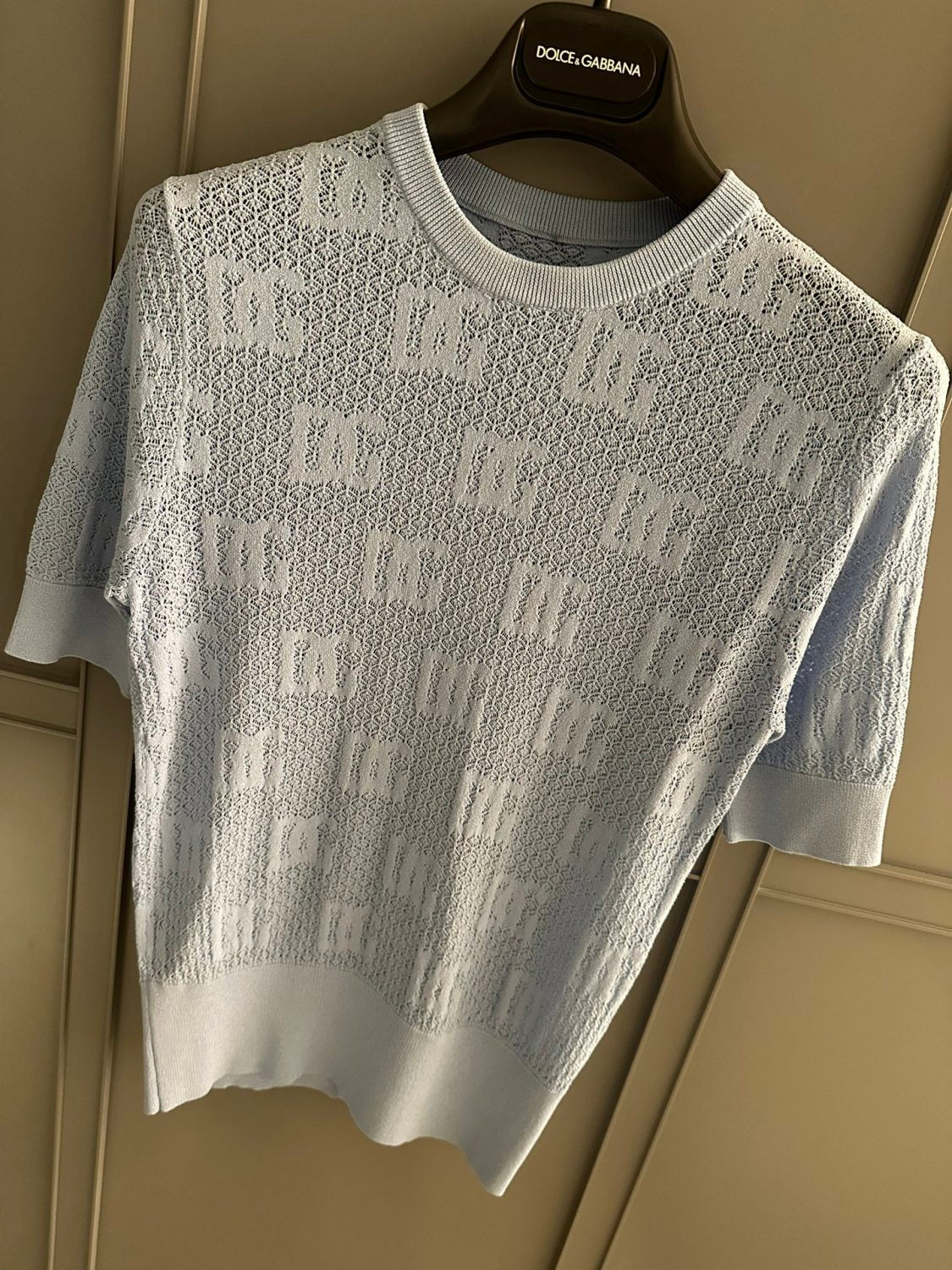 Women's Summer Blue Letter Jacquard Knit Round Neck Short Sleeve T-Shirt #73563