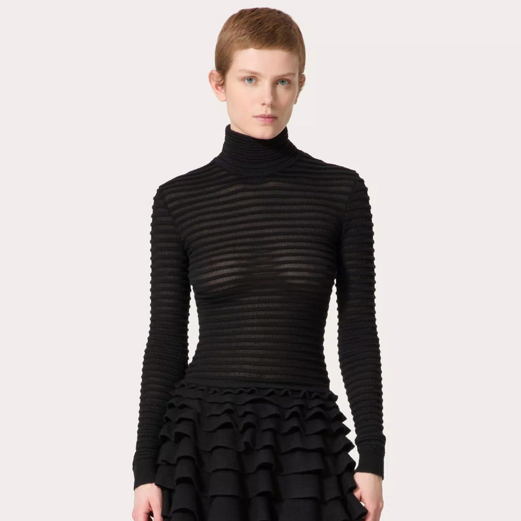 Women's Black Striped High Neck Zipper Viscose And Wool Spring Autumn Winter Slim Long Sleeve Sweater Ngvp #9726