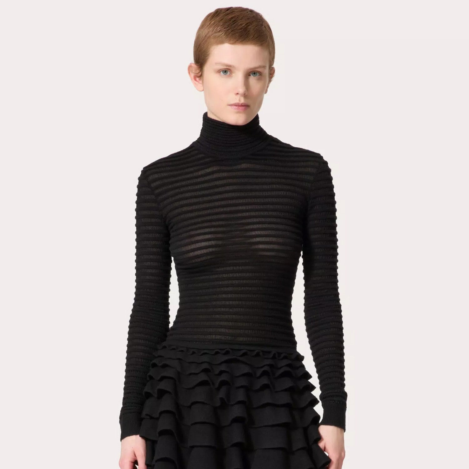 Women's Black Striped High Neck Zipper Viscose And Wool Spring Autumn Winter Slim Long Sleeve Sweater Ngvp #9726