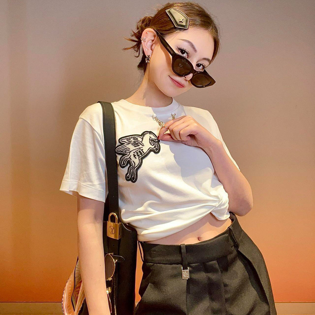 Men's Women's Spring Summer Chain Appliques Pattern Loose T-Shirt Round Neck Cotton Top Ngvp #8866