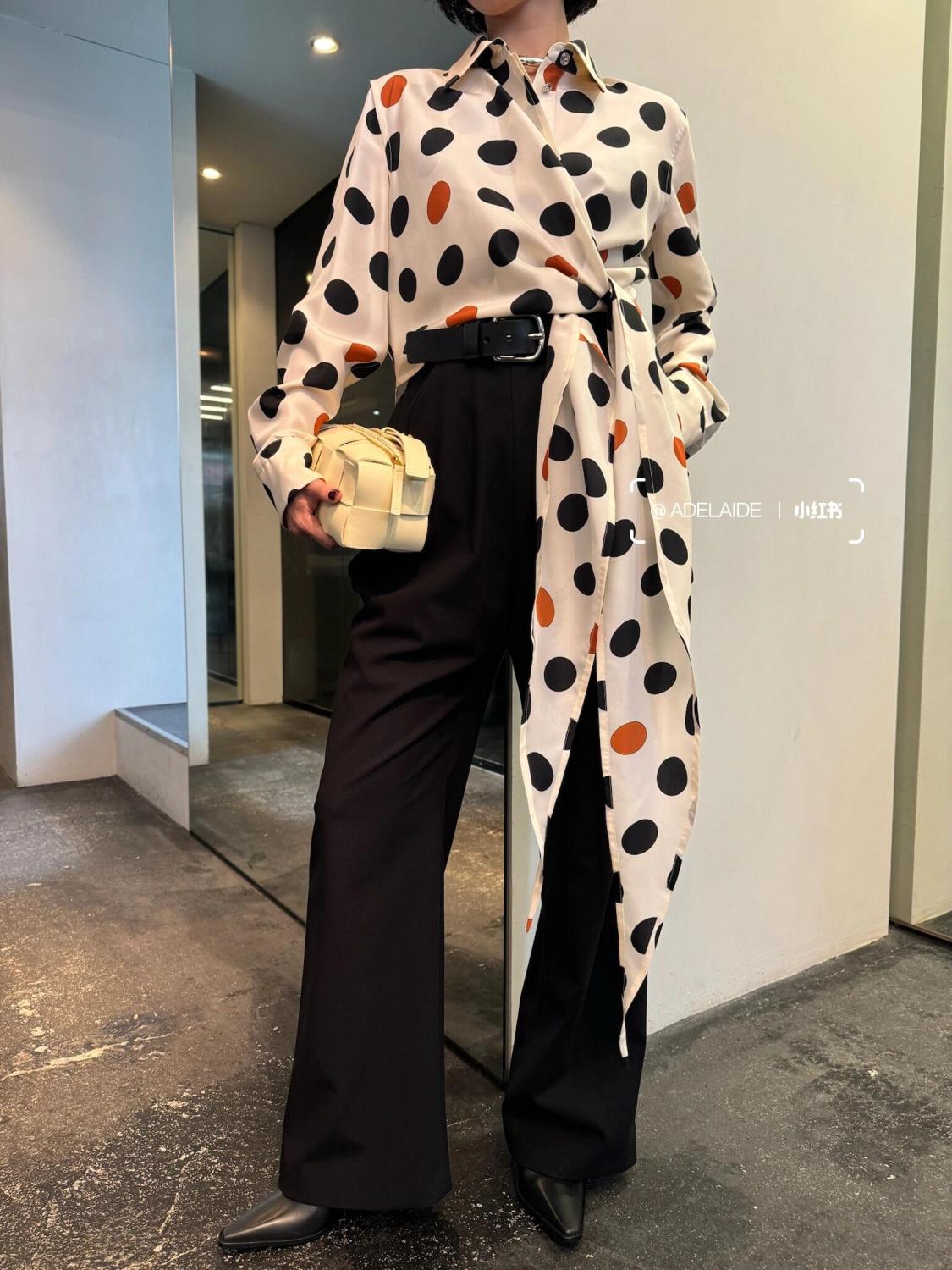 Women's Summer Polka Dot Printed Ribbon Lapel Long Sleeve Silk Shirt Ngvp #9945