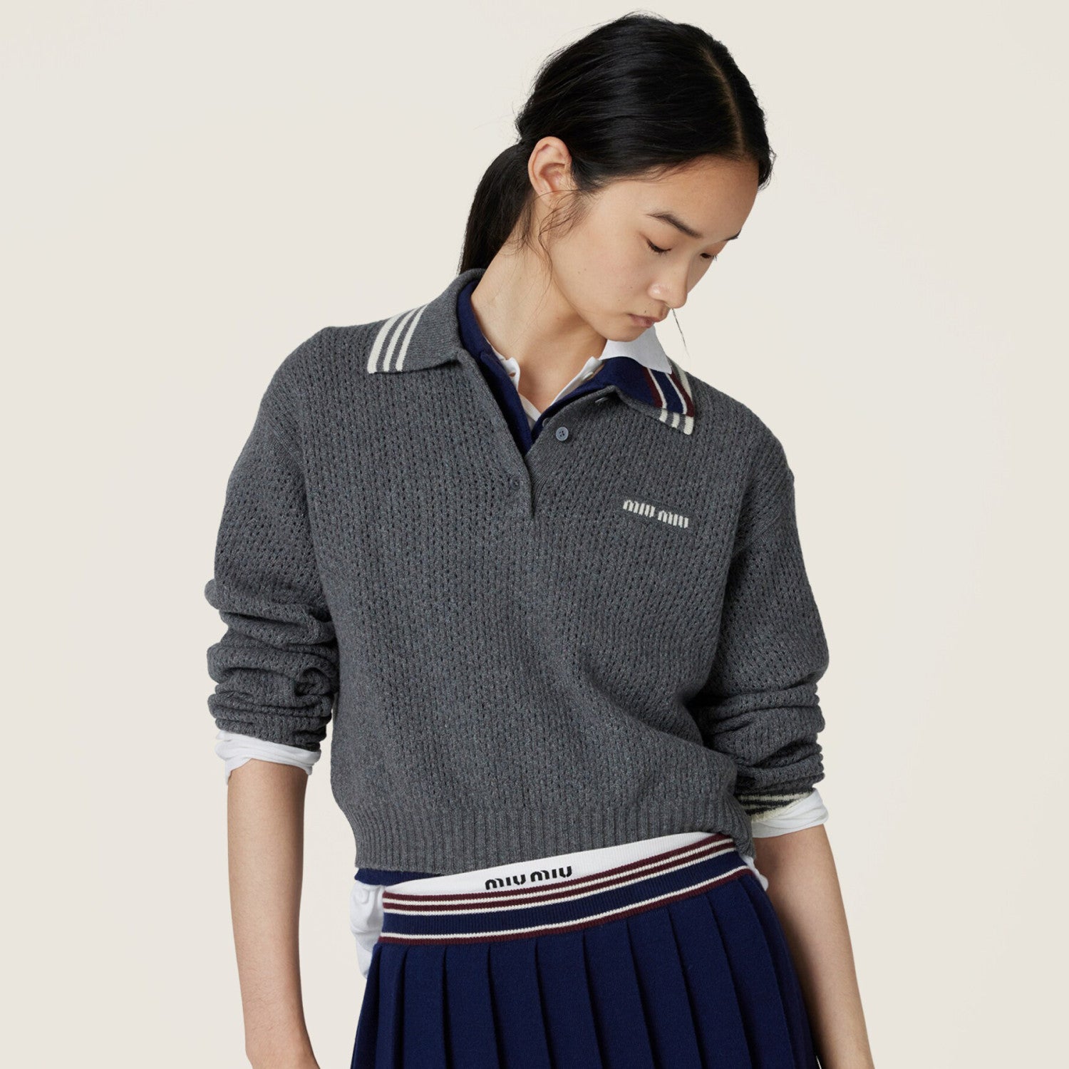 Women's Spring and Autumn Solid Color Mesh Knit Loose Polo Neck Long Sleeve Sweater #75112