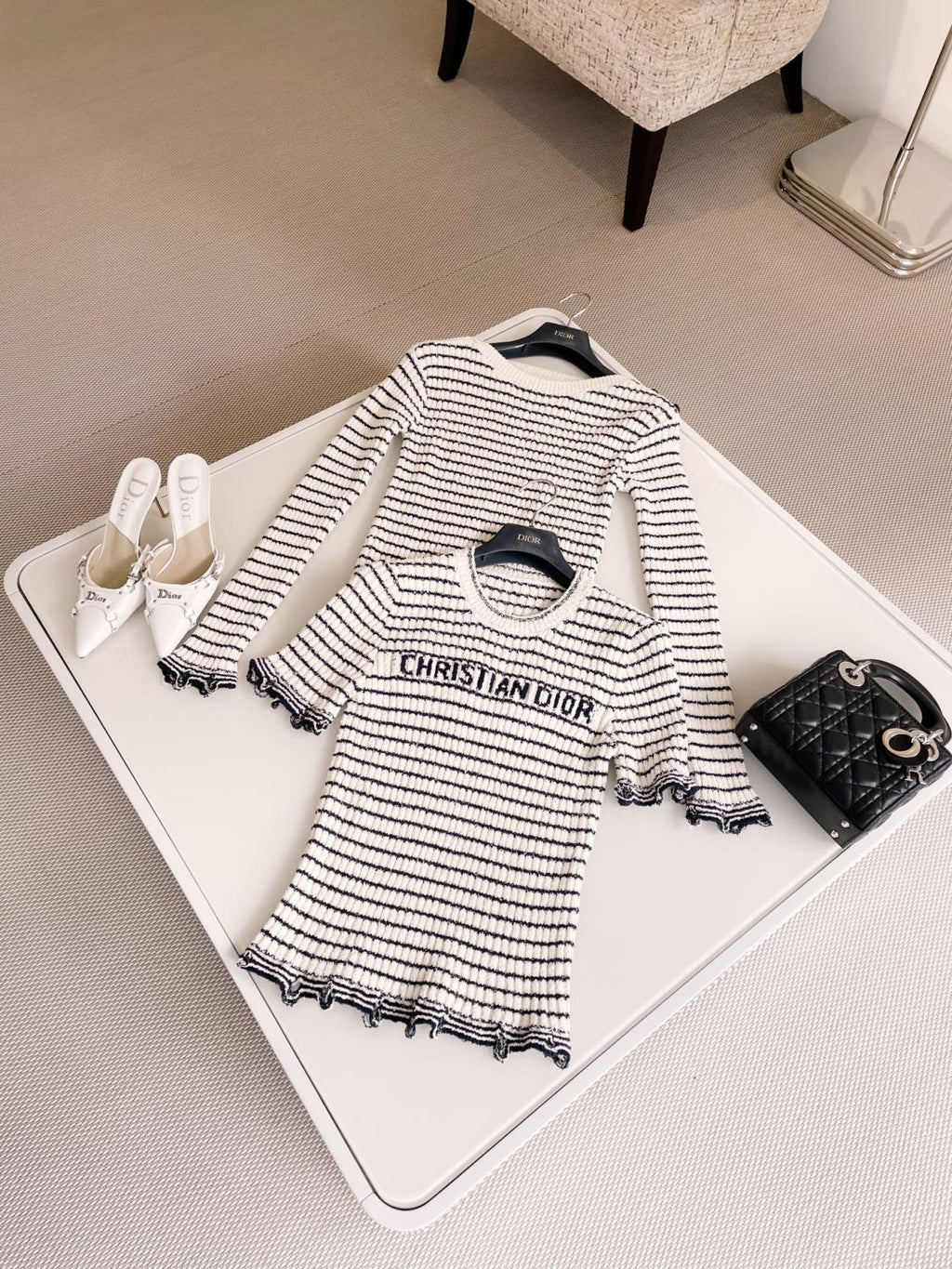 Women's Summer Logo Letter Printed Striped Round Neck Knit Short Sleeve T-Shirt #74843