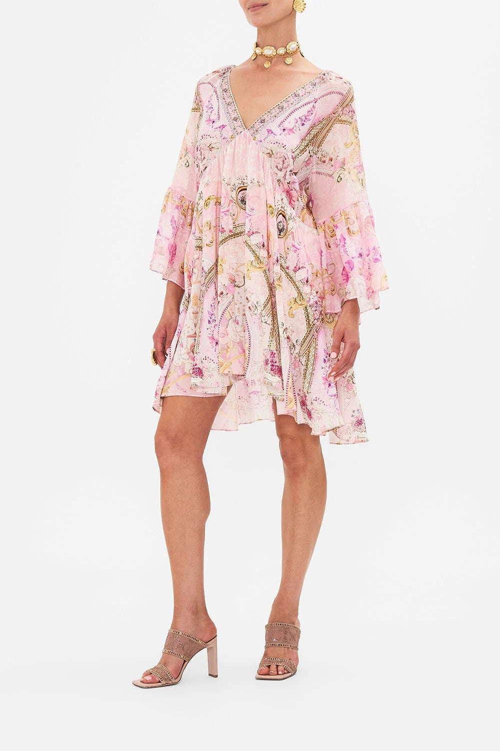 Camilla Women's Summer V-Neck Sexy Flared Sleeve Floral Printed Loose Silk Long Sleeve Dresses Ngvp #8823