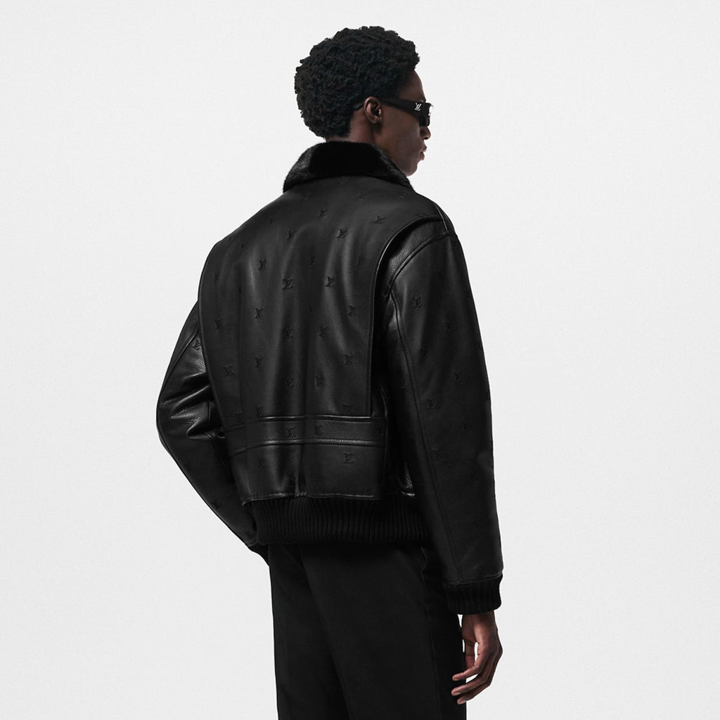 Men's Fall/winter Pilot Drawstring Jacket Solid Color Logo Jacquard Hair Collar Colorblocking Leather Jacket #71553