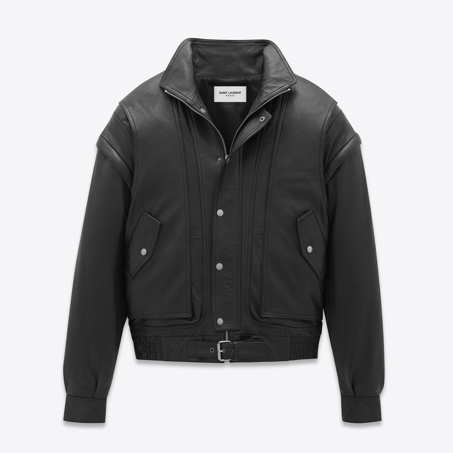 Women's Spring And Autumn Fashion Standing Collar Detachable Sleeves Black Oversized Lambskin Jacket Ngvp #8132