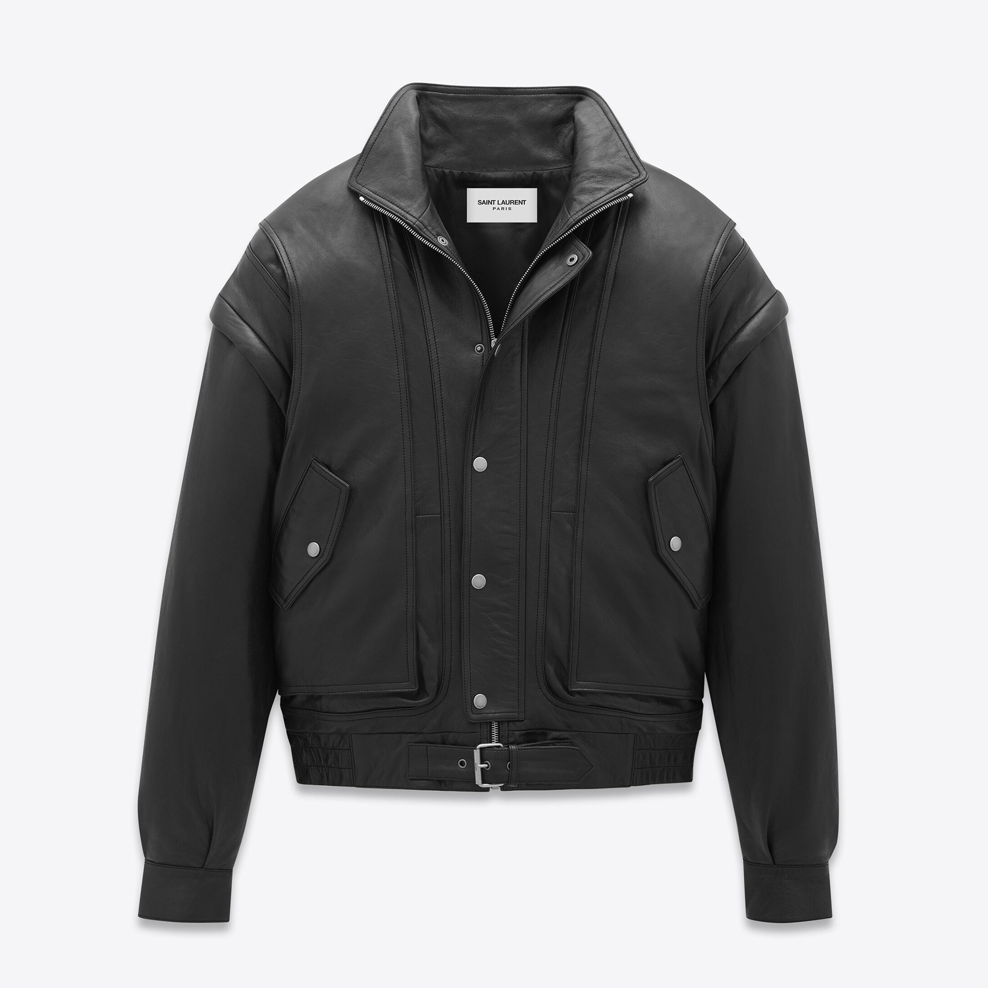 Women's Spring And Autumn Fashion Standing Collar Detachable Sleeves Black Oversized Lambskin Jacket Ngvp #8132