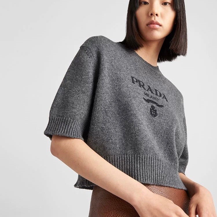 Women's Summer Solid Color Logo Print Round Neck Wool Knit Short Sleeve Sweater T-Shirt #75581