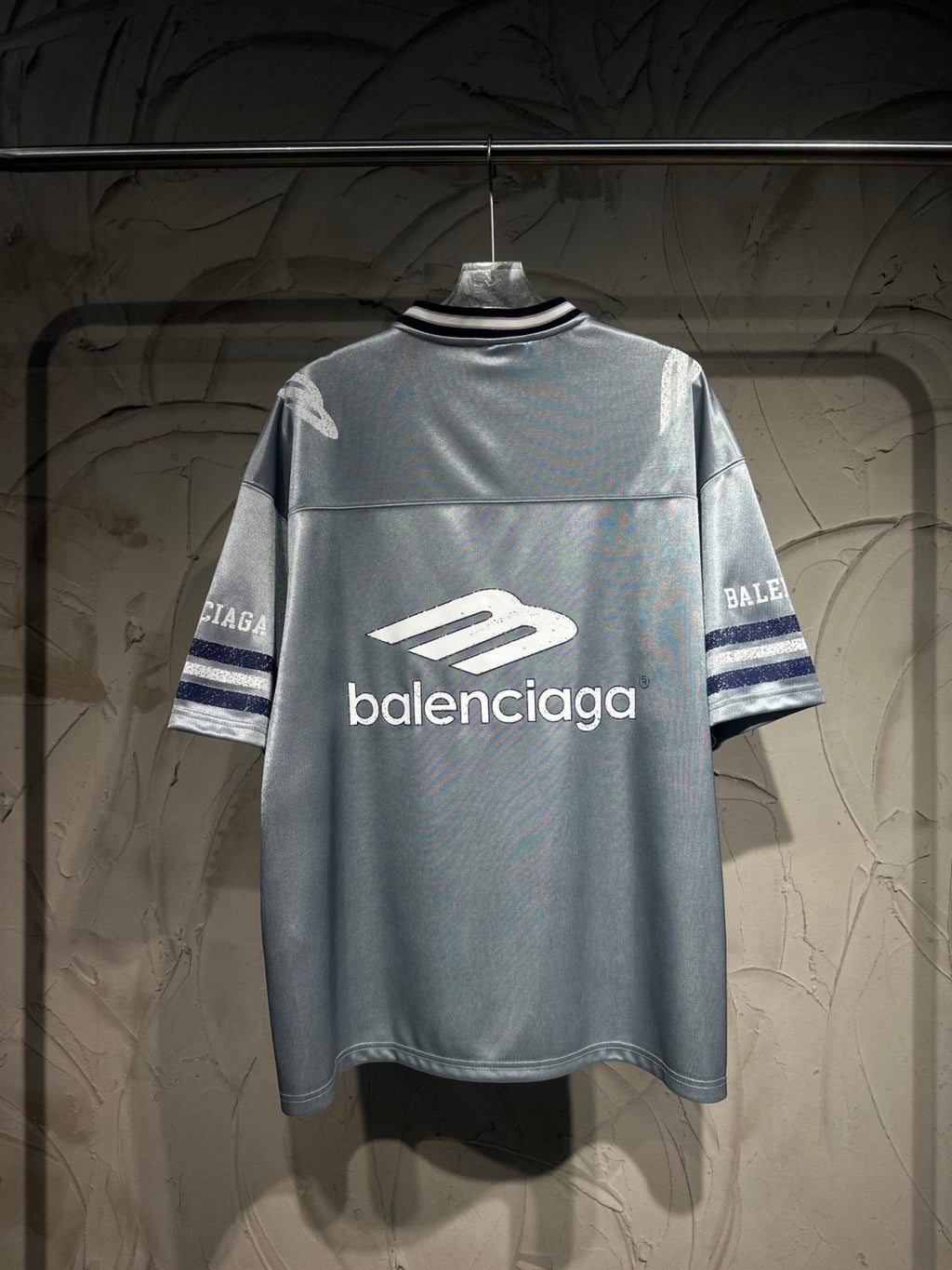 26 Spring 3B FOOTBALL Oversized V-Neck T-Shirt Silver and Bright Blue Fashionable High-Street Trend T-Shirt #82348A