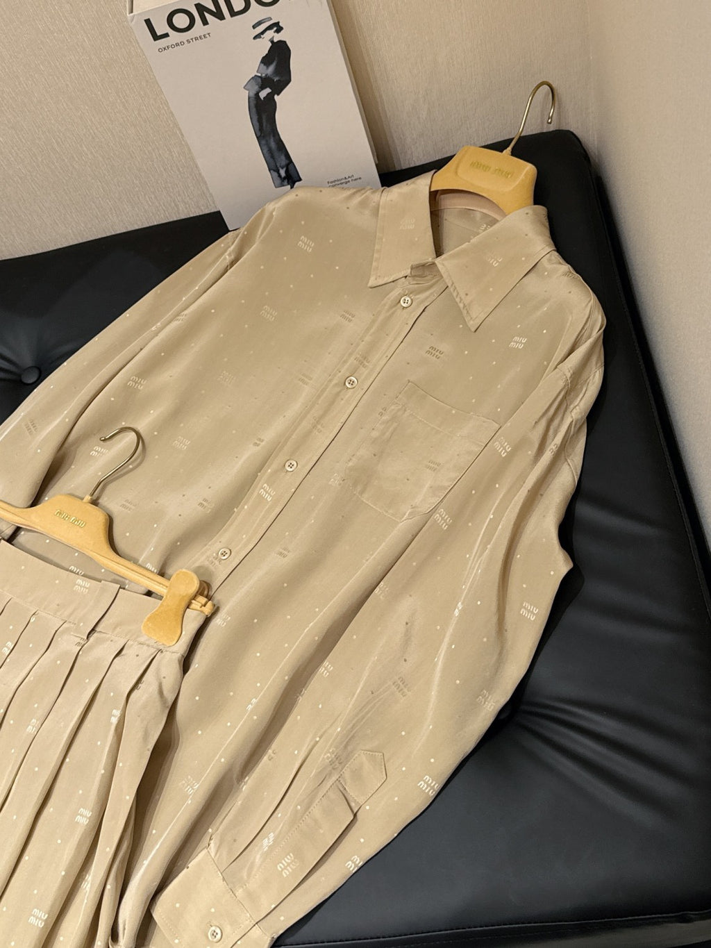 Women's Spring/Summer Dark Logo Khaki Single Breasted Long Sleeve Shirt Pleated Short Skirt Set Suit #72378