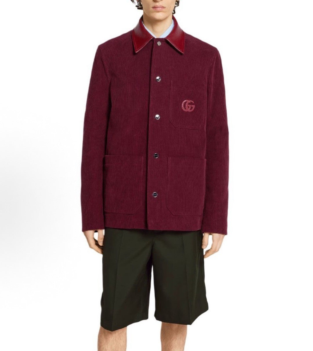 Men's Early Spring Burgundy Collared Single-breasted Shirt Jacket With Gg Embroidery Fashion Quilted Shirt-style Outerwear #194490