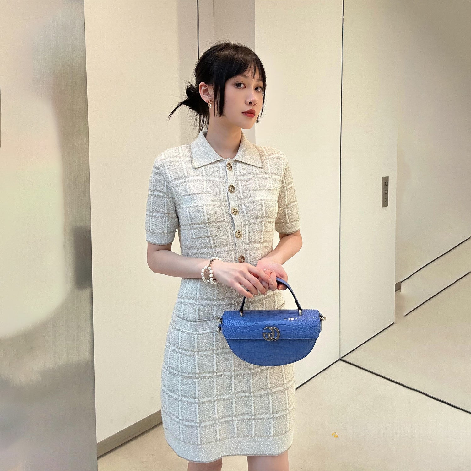 Women's Early Spring Wool Gold And Silver Silk Thread Plaid Jacquard Dress Lapel Knitted Temperament Elegant Dresses Ngvp #9852