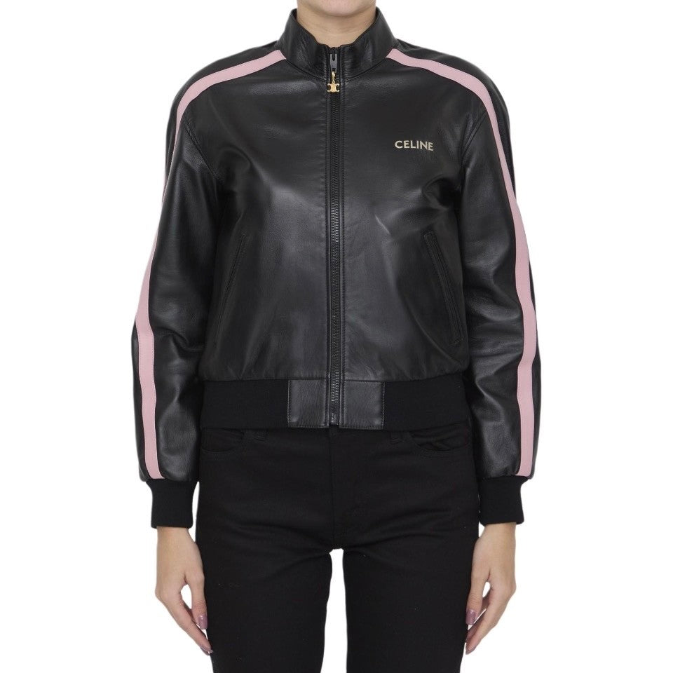 Women's Spring and Autumn Alphabet Logo Printed Striped High Neck Zipper Leather Jacket Elastic Low Waist Pants Suit Set #72526