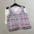 Women's Spring And Autumn High Street Cotton And Silk Tweed Multicolor Round Neck Sleeveless Vest Casual Mid Waist Shorts Ngvp #1551