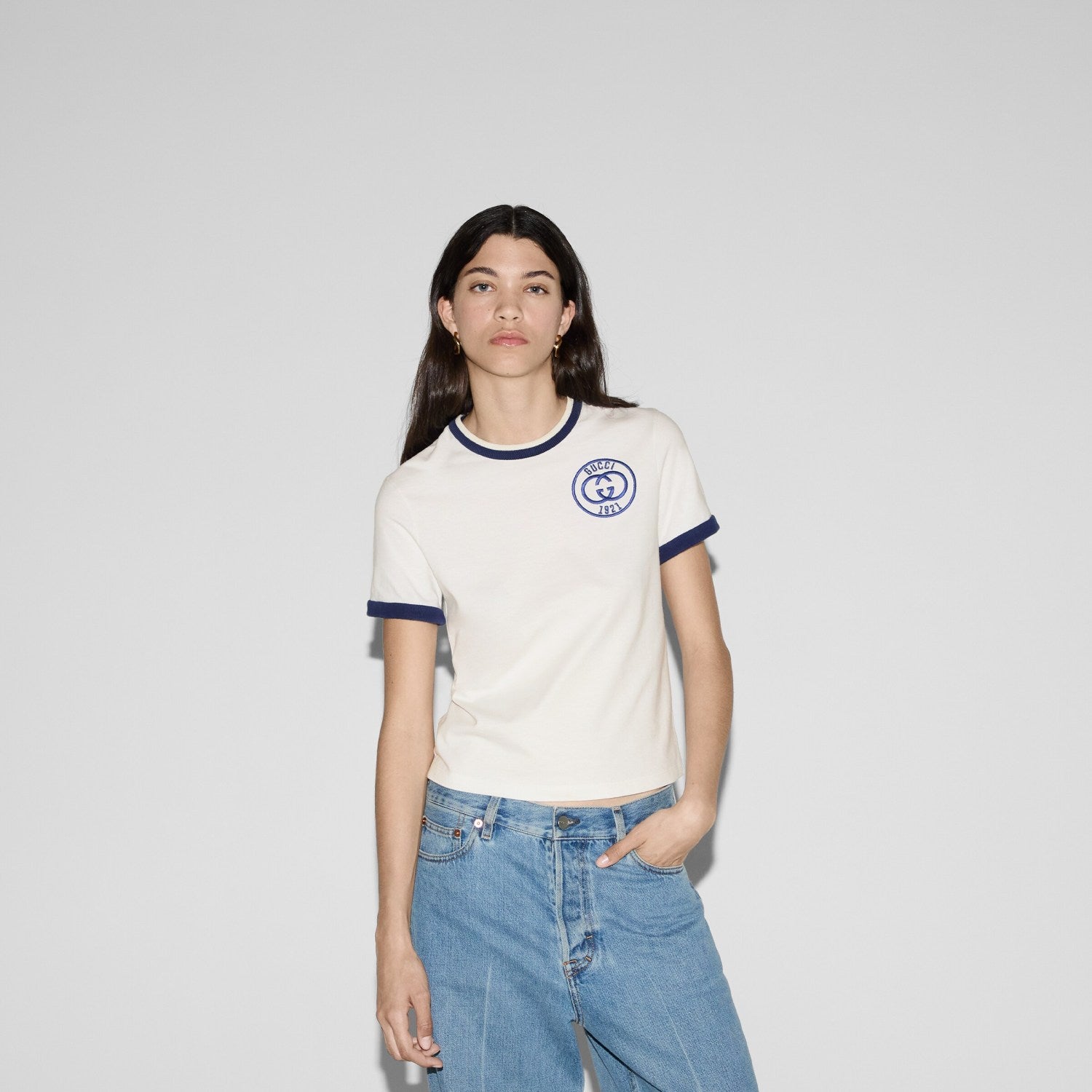 Women's Summer Logo Double G Embroidery Knit Crew Neck Cotton Short Sleeve T-Shirt #72443