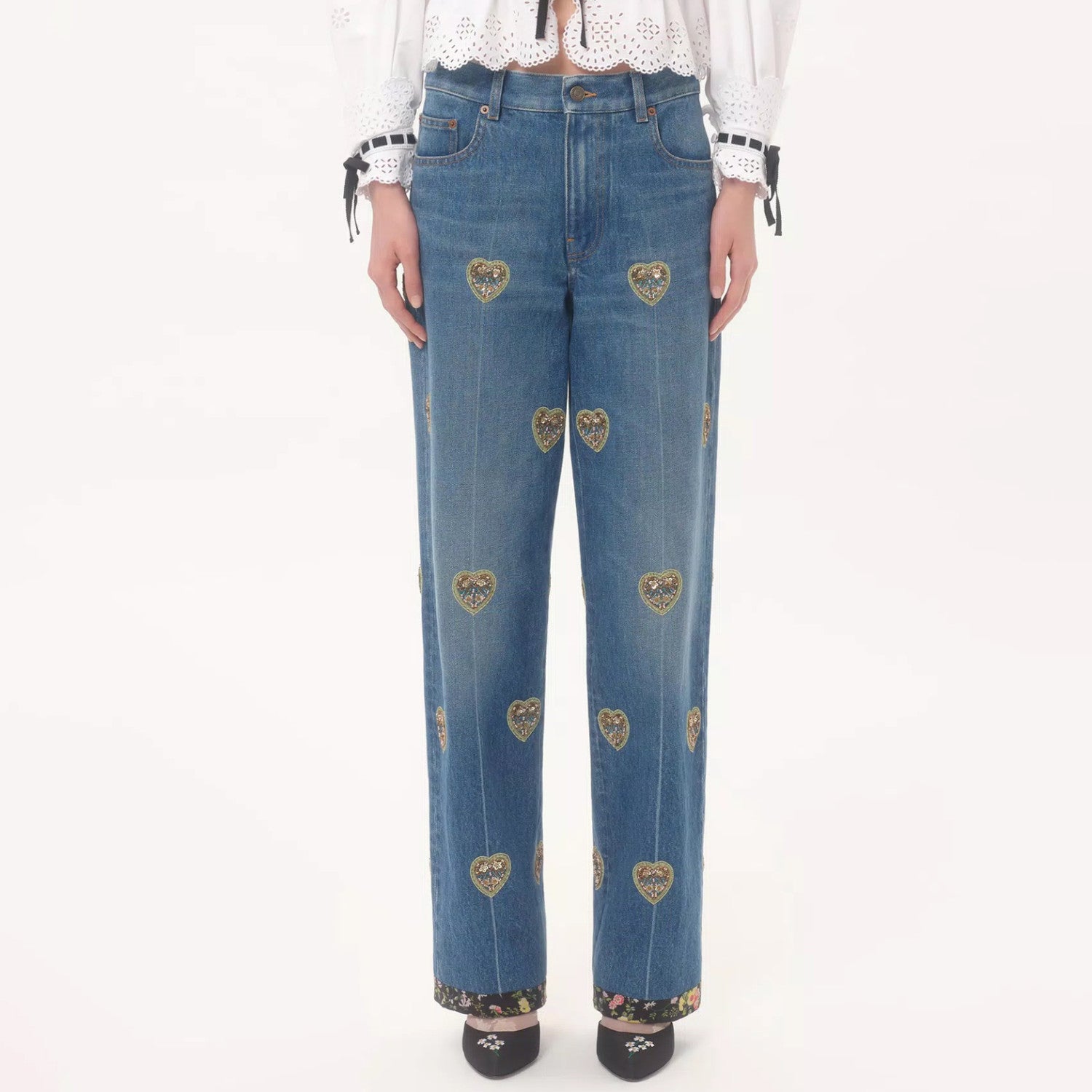 Women's Four-Season Vintage Heart-Shaped Embroidered Floral Beaded Solid-Color Denim Jeans Pants Ngvp #2379